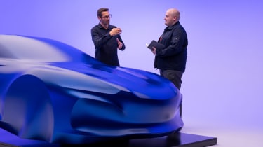 Alpine A110 EV sculpture - Auto Express news reporter Ellis Hyde speaking to Antony Villain, designer, front 3/4