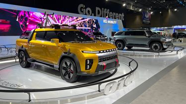 KG Mobility electric pick-up truck on display at motor show