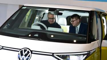  Auto Express editor-in-chief Steve Fowler and Volkswagen sales executive Tom Lodge sitting in the Volkswagen ID. Buzz