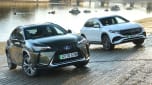 Lexus UX300e vs Mercedes EQA - two cars on river bank front