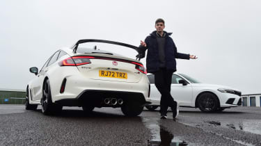 Honda Civic long-term test: Tristan-Shale Hester standing between Civic Sport and Civic Type R