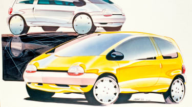 Two Renault Twingos, one in silver and one in yellow.
