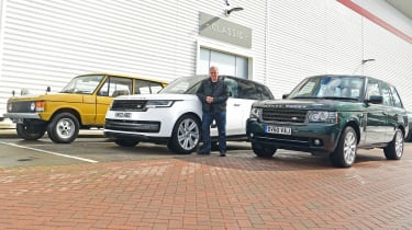 Auto Express editor-in-chief Steve Fowler standing with multiple generations of Range Rover