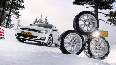 Winter tyre test 2025 - header image, tyres next to a Volkswagen Golf