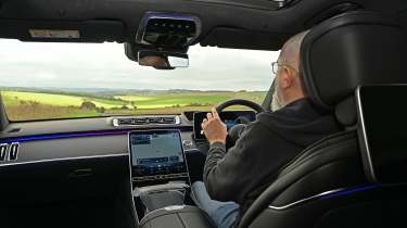 Mercedes AMG S63 e Performance - interior, car being driven by Auto Express senior test editor Dean Gibson 