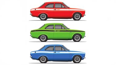 MST Ford Escort - side profile of red, green and blue