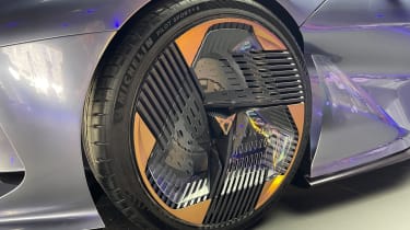 Cupra DarkRebel concept on show stand at 2023 Munich Motor Show - front wheel