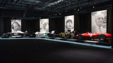 Selection of vintage F1 cars on display at London F1 exhibition