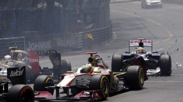 Romain Grosjean, Pedro de la Rosa and Pastor Maldonado crash