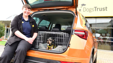 Dogs Trust Volunteer sitting with a dog in a cage located in the boot of a Skoda Karoq