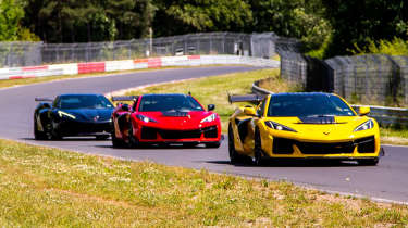 Chevrolet Corvette ZR1X (front yellow car) at the Nurburgring - front tracking 