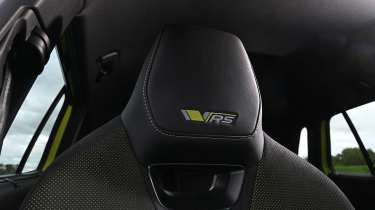 New Skoda Elroq vRS UK - interior vRS badge embossed onto front seat 