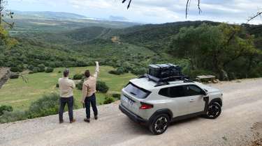 Vice president of Dacia Design David Durand and Auto Express deputy editor Richard Ingram looking at the Spanish wilderness