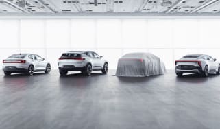 Polestar range teaser image (rear of three uncovered and one covered car)