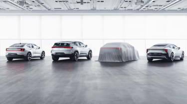 Polestar range teaser image (rear of three uncovered and one covered car)
