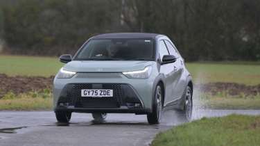 Toyota Aygo X testing in the UK - front cornering 
