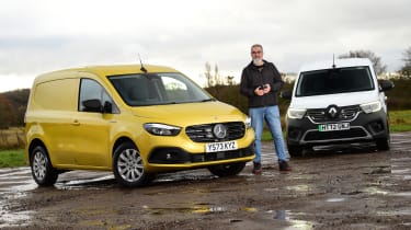 Auto Express senior test editor Dean Gibson standing between a Renault Kangoo and Mercedes Citan