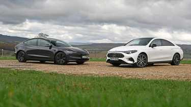 Mercedes CLA and Tesla Model 3 - front static