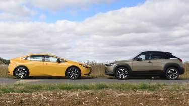 Toyota Prius PHEV and Mazda MX-30 R-EV - side shot 