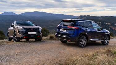 New Nissan X-Trail N-Trek - blue and beige front and rear angled